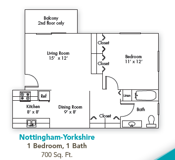 Floor plan for 1 bed, 1 bath, 700 sqft